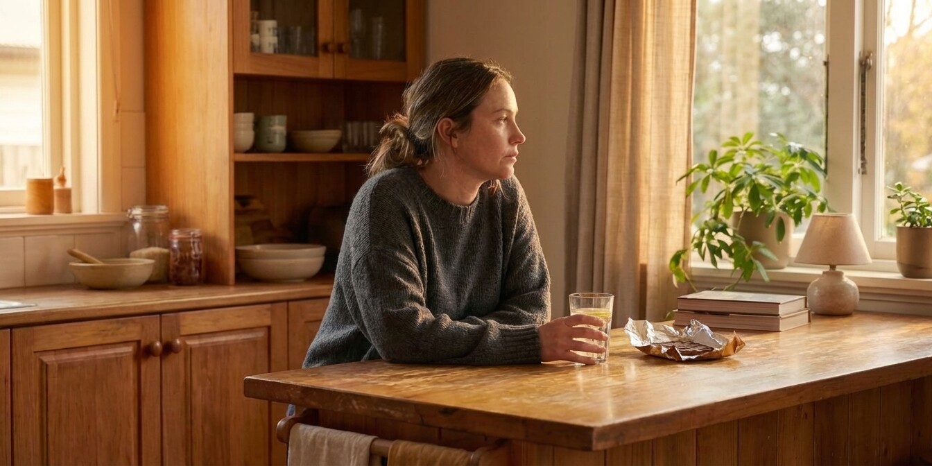 Woman at home holding ice water with a chocolate wrapper nearby, looking quietly tired — Spleen Qi deficiency