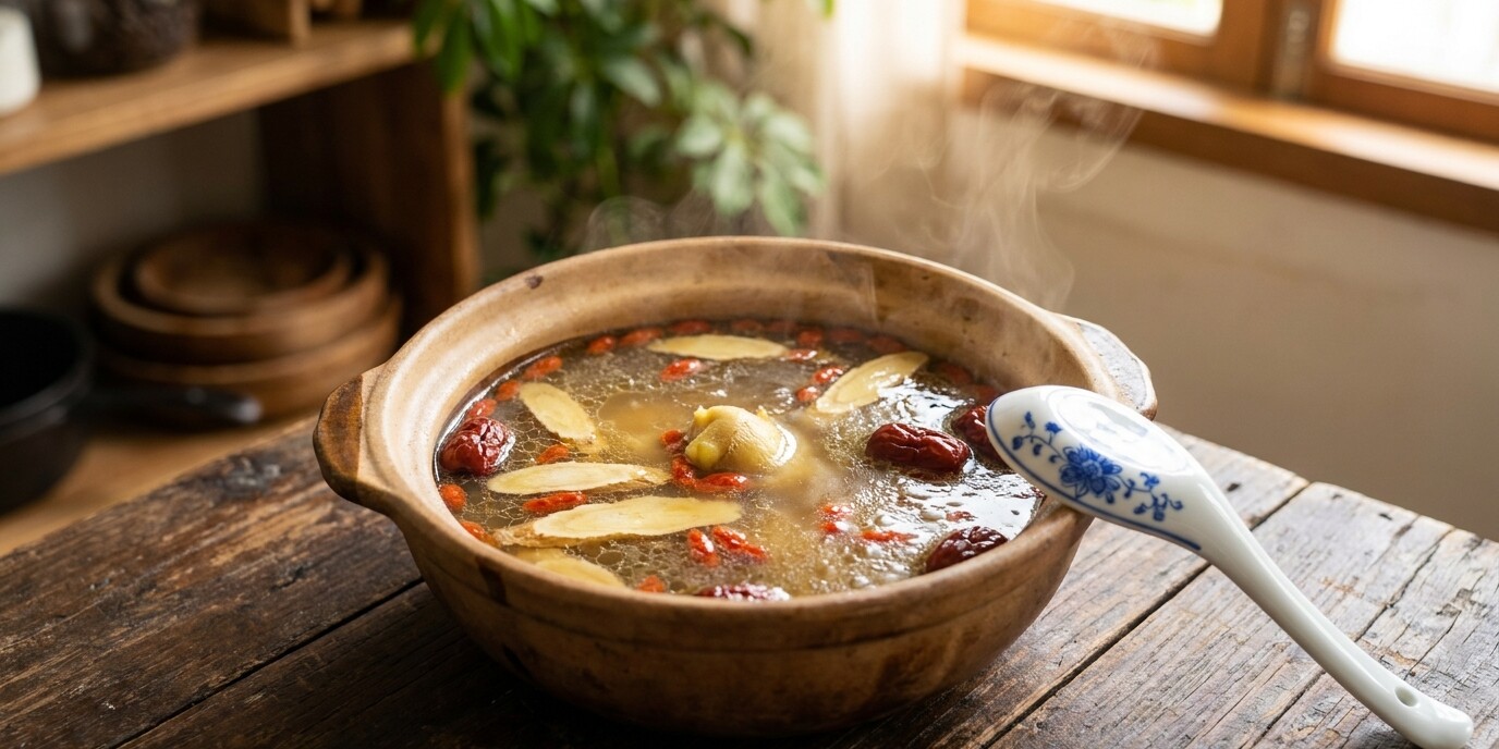 A steaming pot of golden Chinese herbal bone broth with goji berries, red dates, and astragalus slices floating on the surface, served with a white ceramic Chinese soup spoon on a timber table