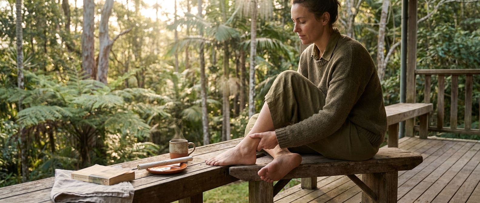 Woman in olive jumper sitting on a weathered timber verandah bench in soft morning light, barefoot with one foot resting on the opposite knee, pressing the inside of her lower leg near the SP6 acupressure point with her thumb. A paper-wrapped Chinese moxa stick rests on a small ceramic dish beside her, next to a steaming mug of herbal tea. Rainforest greenery behind.