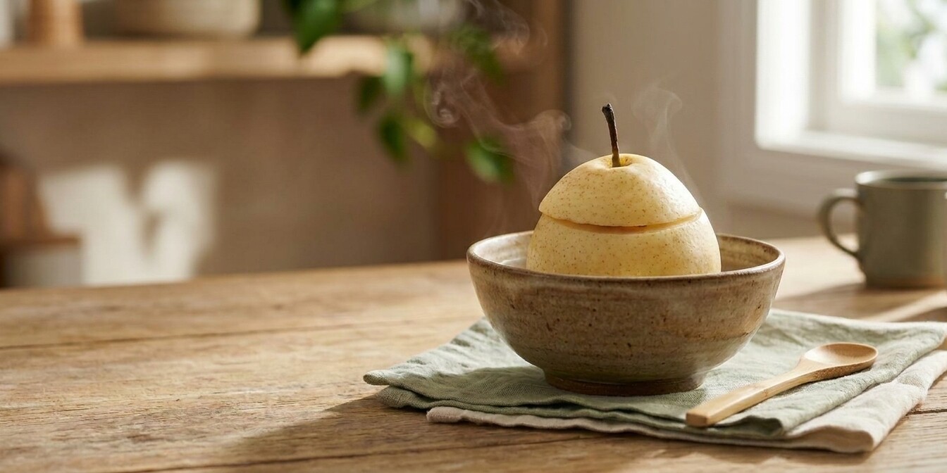 A finished Chinese steamed snow pear in a small earthy ceramic bowl with a wisp of steam rising — a traditional Chuan Bei Mu cough remedy.
