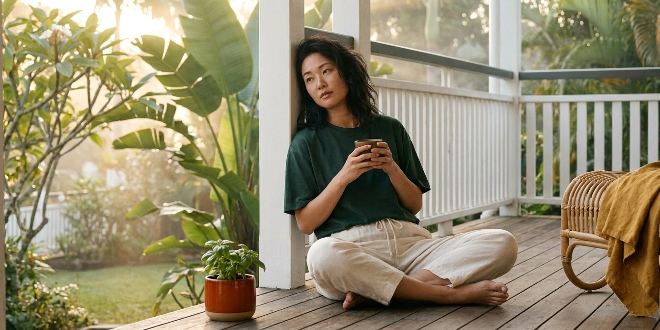 East Asian woman sitting cross-legged on a Byron hinterland verandah holding herbal tea, evoking the lingering fatigue of Gu Syndrome.