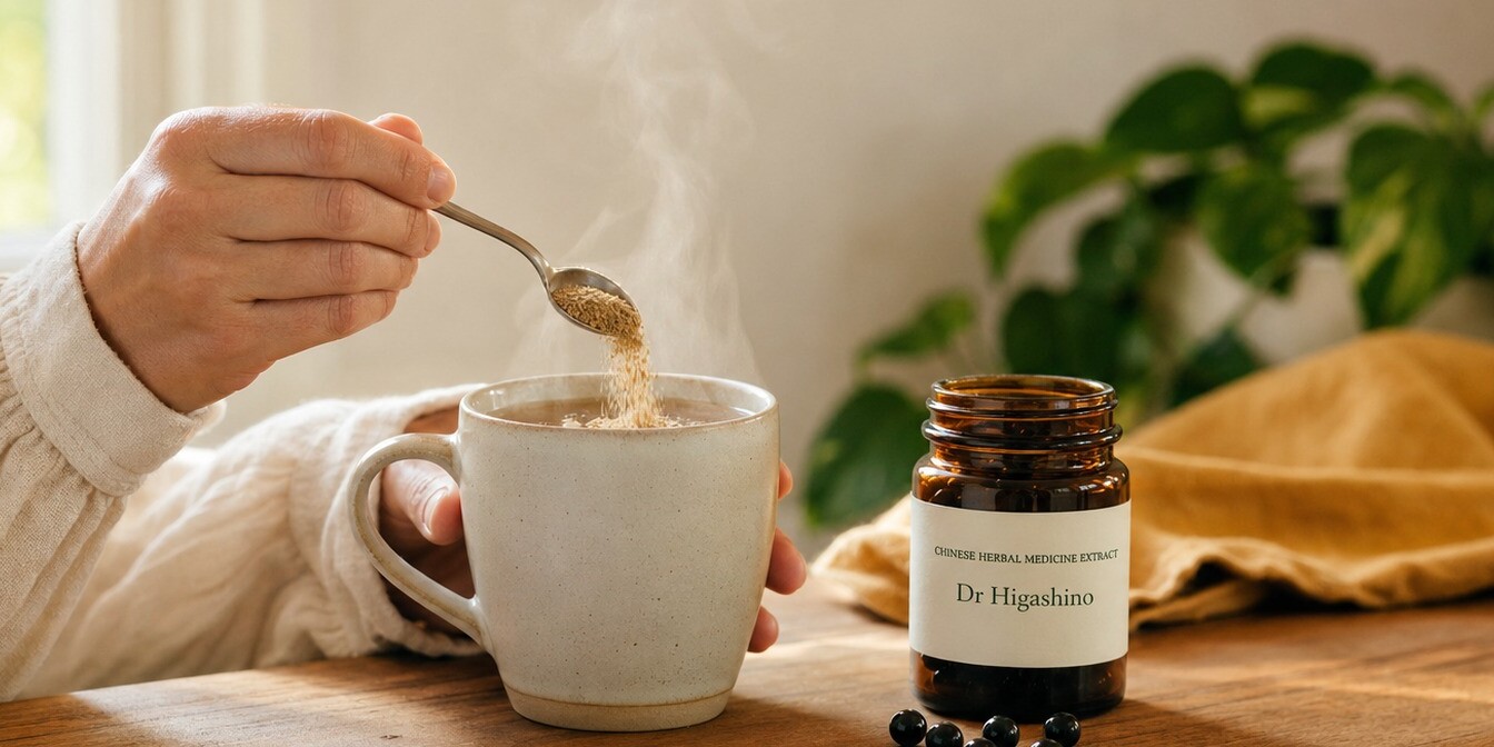 Hands stirring Chinese herbal granules into a warm cup of water on a kitchen counter, with a Dr Higashino patent pill bottle beside it.
