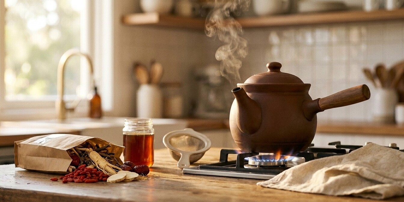Traditional Chinese clay herb pot simmering raw herbs on a stovetop with goji berries, ginseng and shan yao in a paper bag nearby