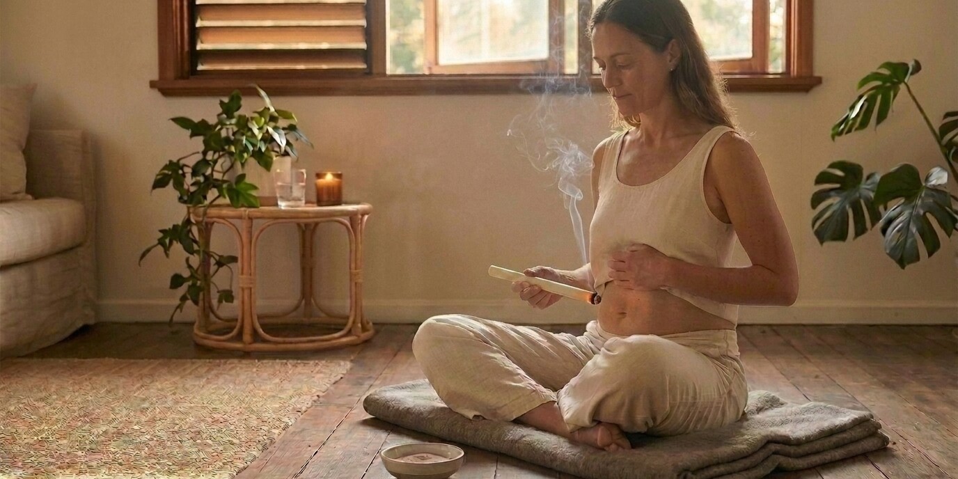 Woman seated cross-legged on a folded grey cushion in a sunlit room, holding a moxa stick horizontally with the glowing ember tip hovering just above her bare lower belly, a thin wisp of smoke rising from the ember and a small ceramic bowl on the floor for ash