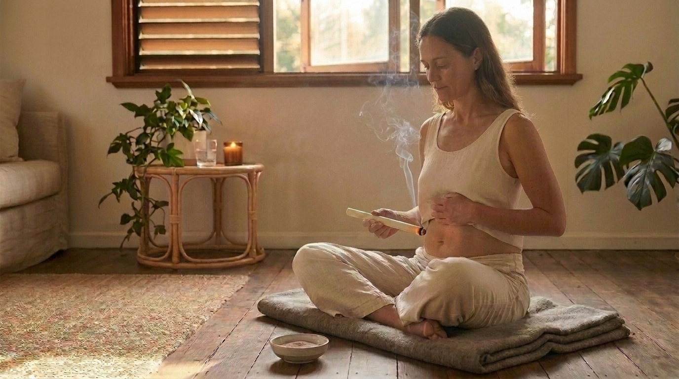 Woman seated cross-legged on a folded grey cushion in a sunlit room, holding a moxa stick horizontally with the glowing ember tip hovering just above her bare lower belly, a thin wisp of smoke rising from the ember and a small ceramic bowl on the floor for ash