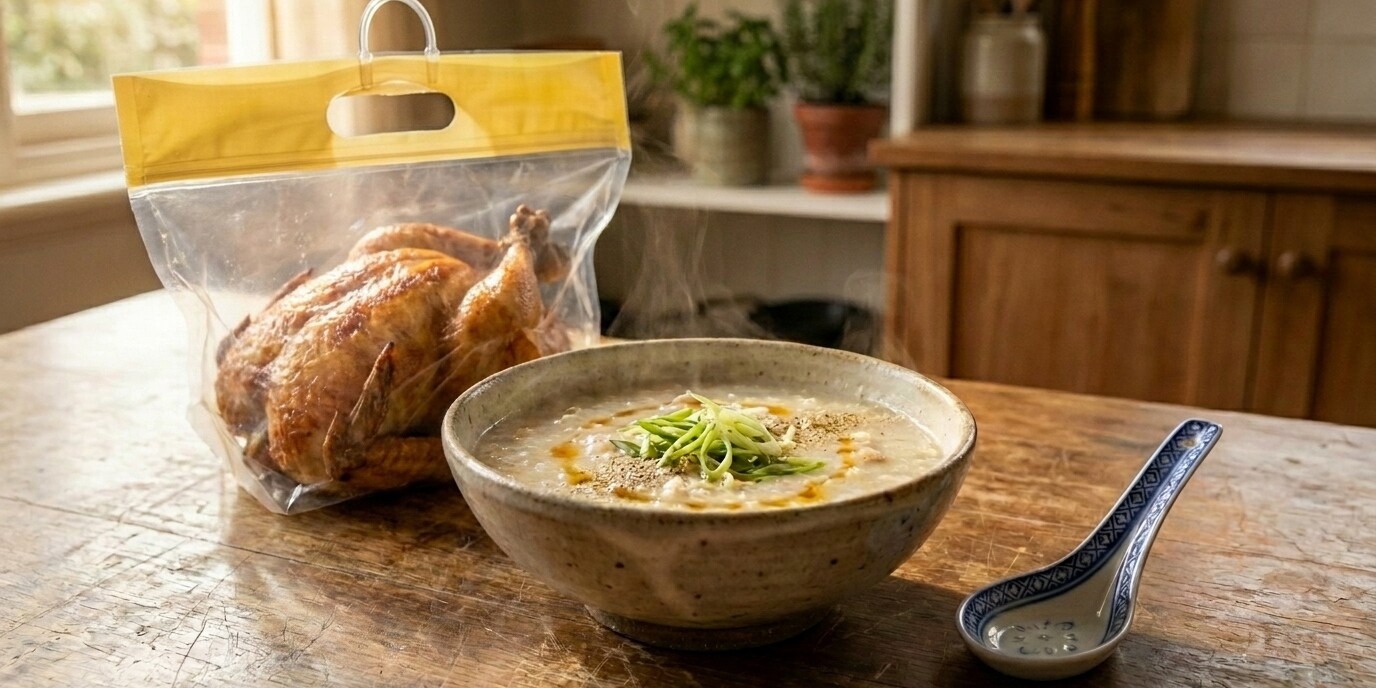 A bowl of silky leftover roast chicken congee with a supermarket roast chicken in a clear plastic carry bag on a warm timber surface