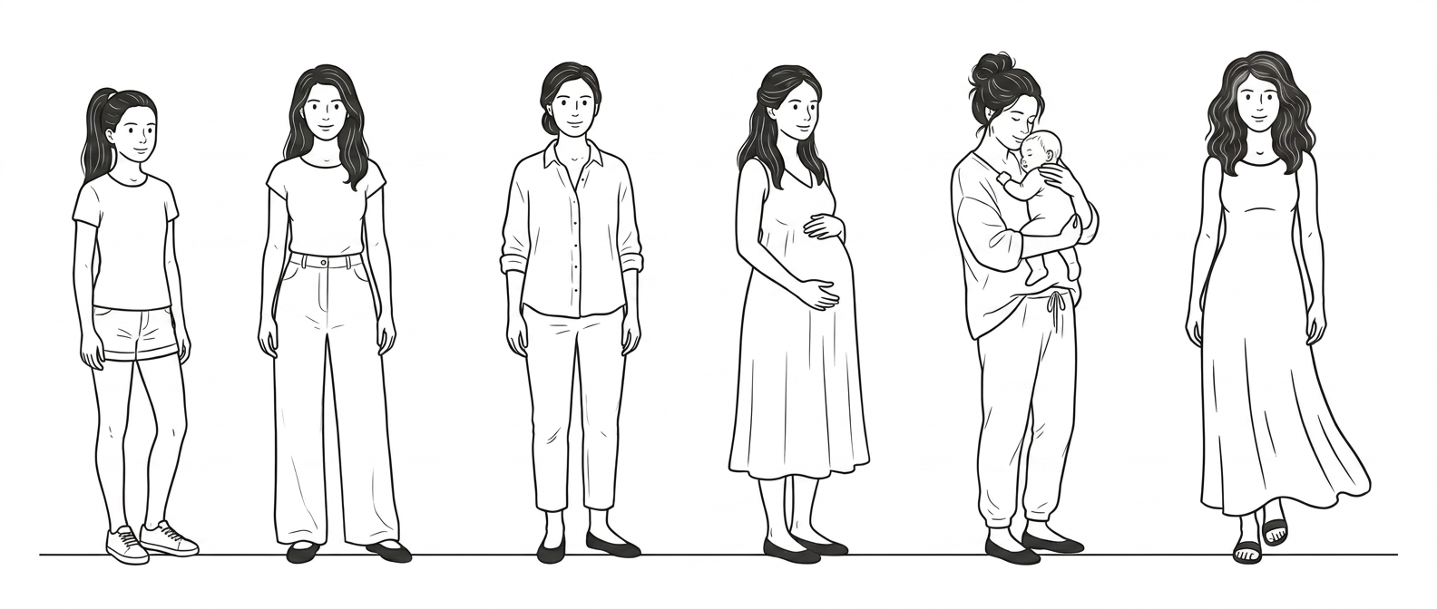 Monochrome line drawing of six women across the life stages from adolescence to maturity, standing on one shared baseline as a women's health timeline.