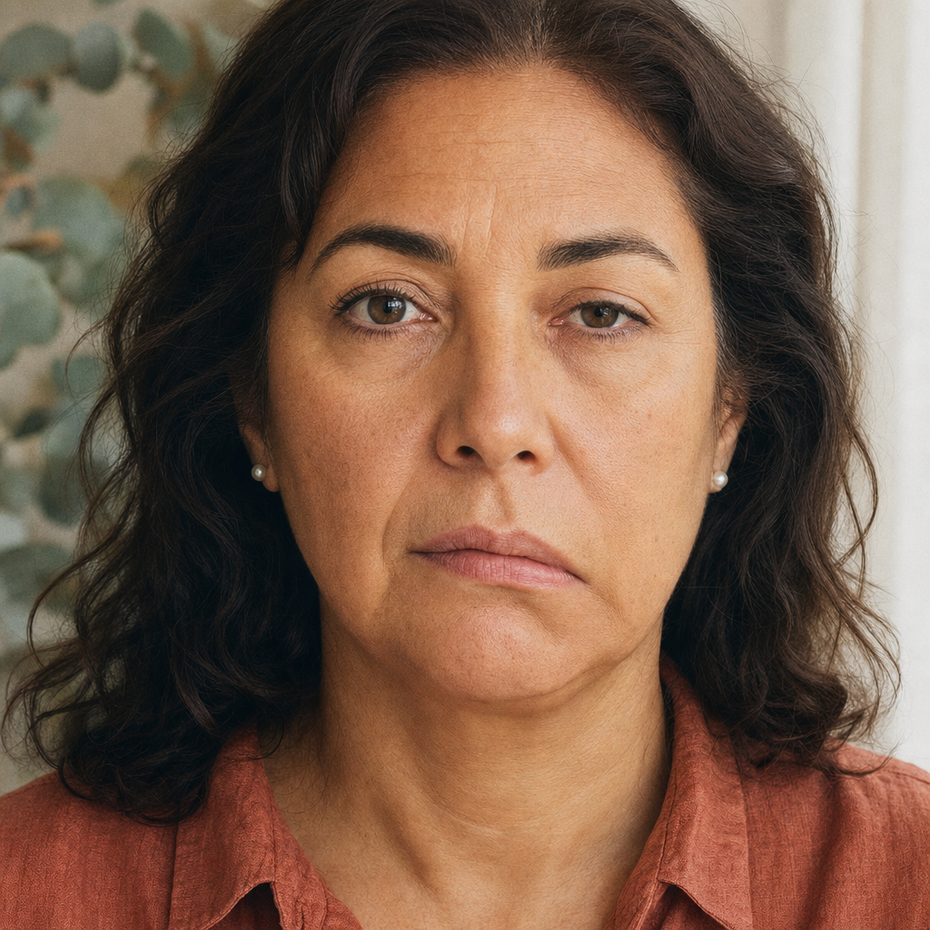Latina woman in terracotta linen shirt with subtle asymmetric facial weakness on viewer right side illustrating mid-stage Bell's palsy