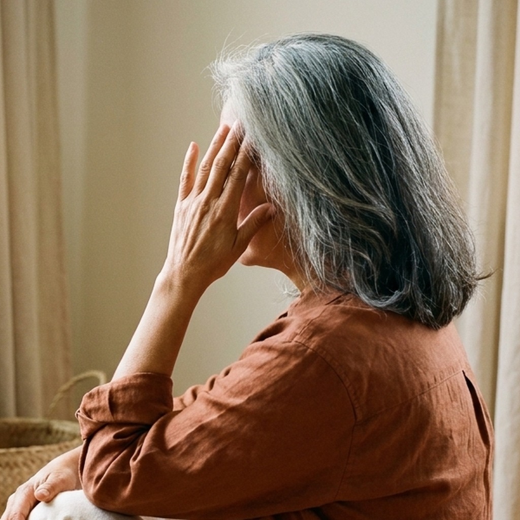 Latina woman in terracotta linen shirt with hand pressed to temple managing persistent headache from post-concussion syndrome