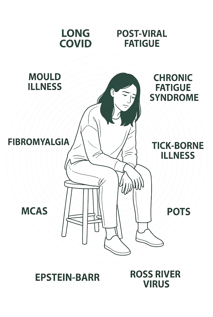 Illustration of a tired woman surrounded by labels of complex chronic illnesses (long COVID, post-viral fatigue, mould, MCAS, POTS, tick-borne illness, fibromyalgia, CFS/ME, Gu syndrome) rendered in dark green on a transparent background