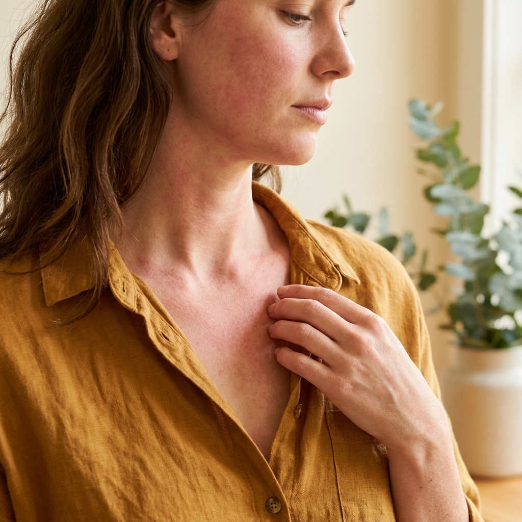 Close crop of a woman's neck and collarbone in mustard linen with a soft pink histamine flush, MCAS mast cell activation.