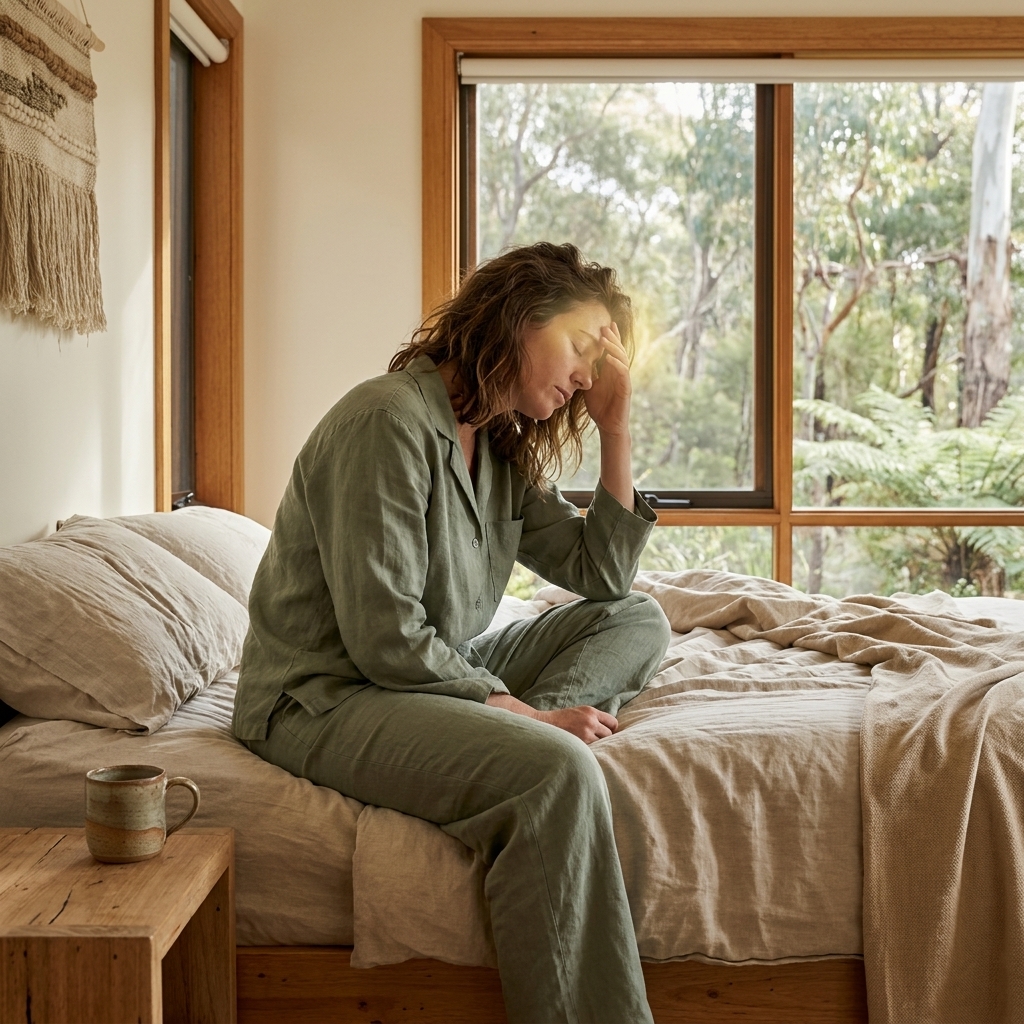Tired woman in linen pyjamas sitting on the edge of an unmade bed in morning light, hand to forehead, post-viral fatigue and Long COVID.