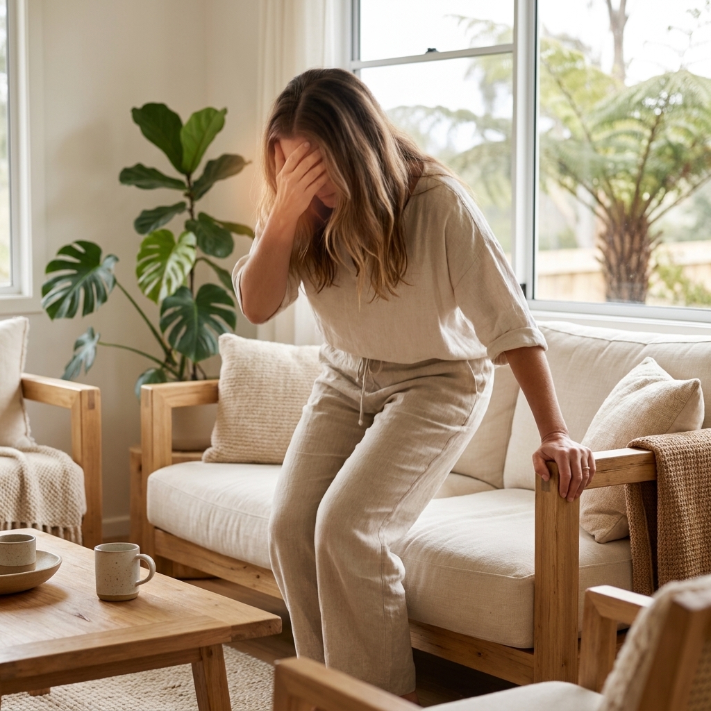 Woman in oat linen standing up from a cream sofa, hand at her forehead and other hand on the timber arm for balance, POTS dizziness.
