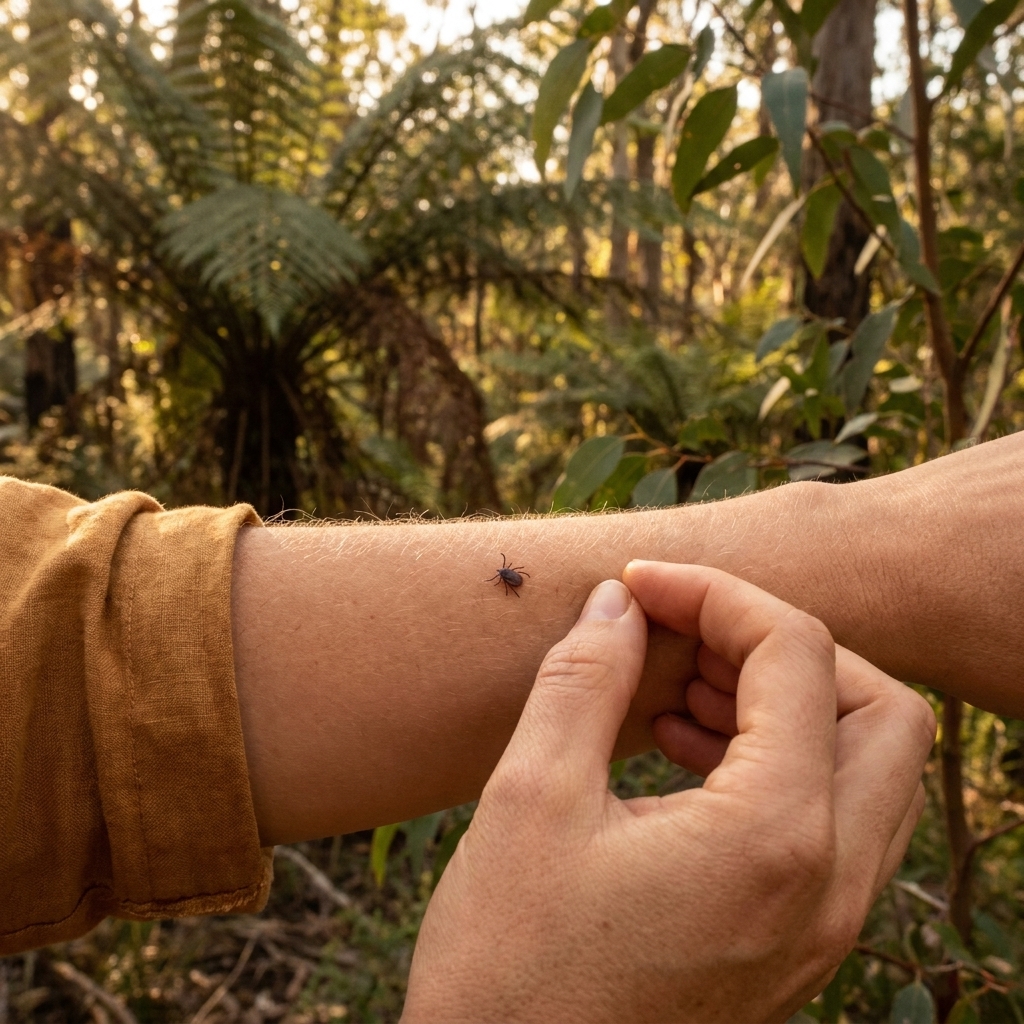 Forearm in dappled bushland light with a small tick on the skin and tree fern bokeh behind, tick-borne illness and Alpha-Gal.