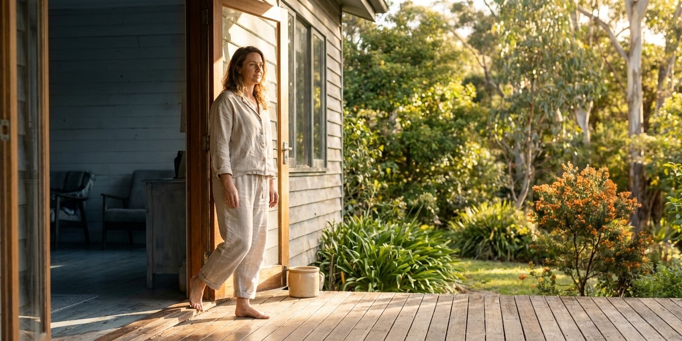 Woman stepping through a doorway from a dim damp interior into warm morning light representing the first step of mould recovery removing the exposure