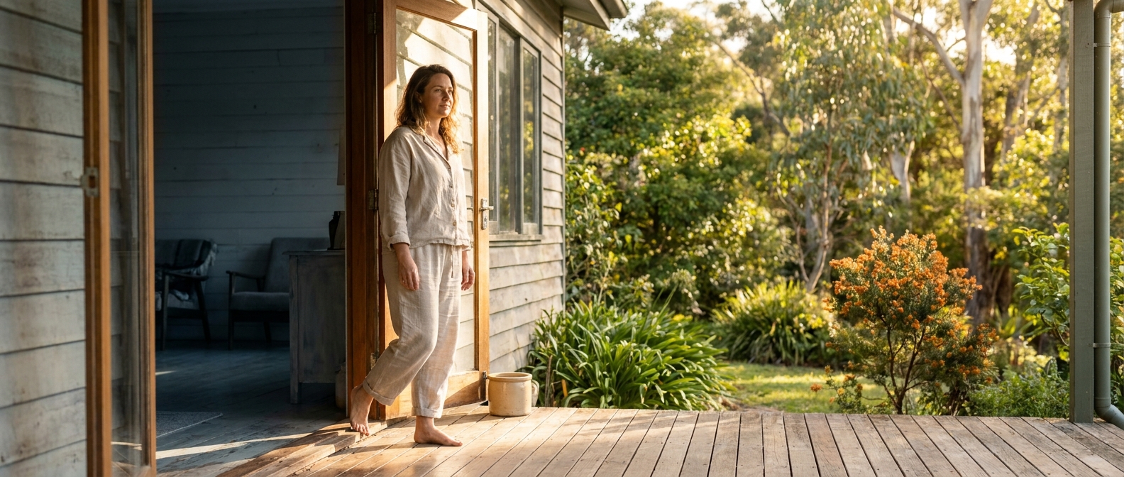 Woman stepping through a doorway from a dim damp interior into warm morning light representing the first step of mould recovery removing the exposure