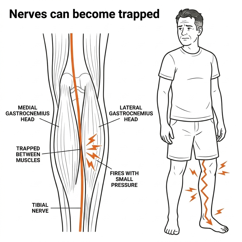 Diagram showing the tibial nerve trapped between the medial and lateral gastrocnemius muscle heads behind the knee, with orange pain lightning bolts radiating down the calf to the foot &mdash; illustrating nerve entrapment as a cause of sharp, burning or numb leg pain.