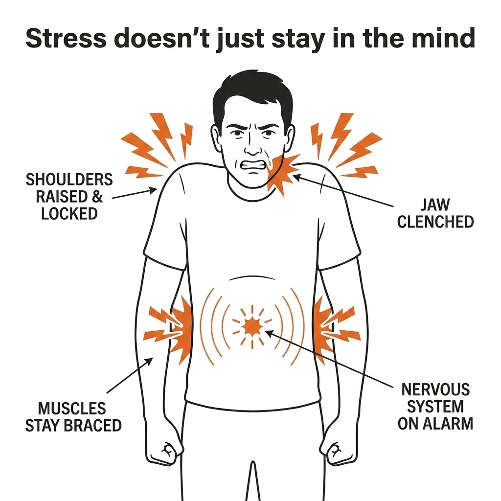 Diagram of a man with raised shoulders, clenched jaw and fists showing how stress keeps the body physically braced &mdash; with orange tension markers at the shoulders, jaw, hips and nervous system alarm signal at the torso.