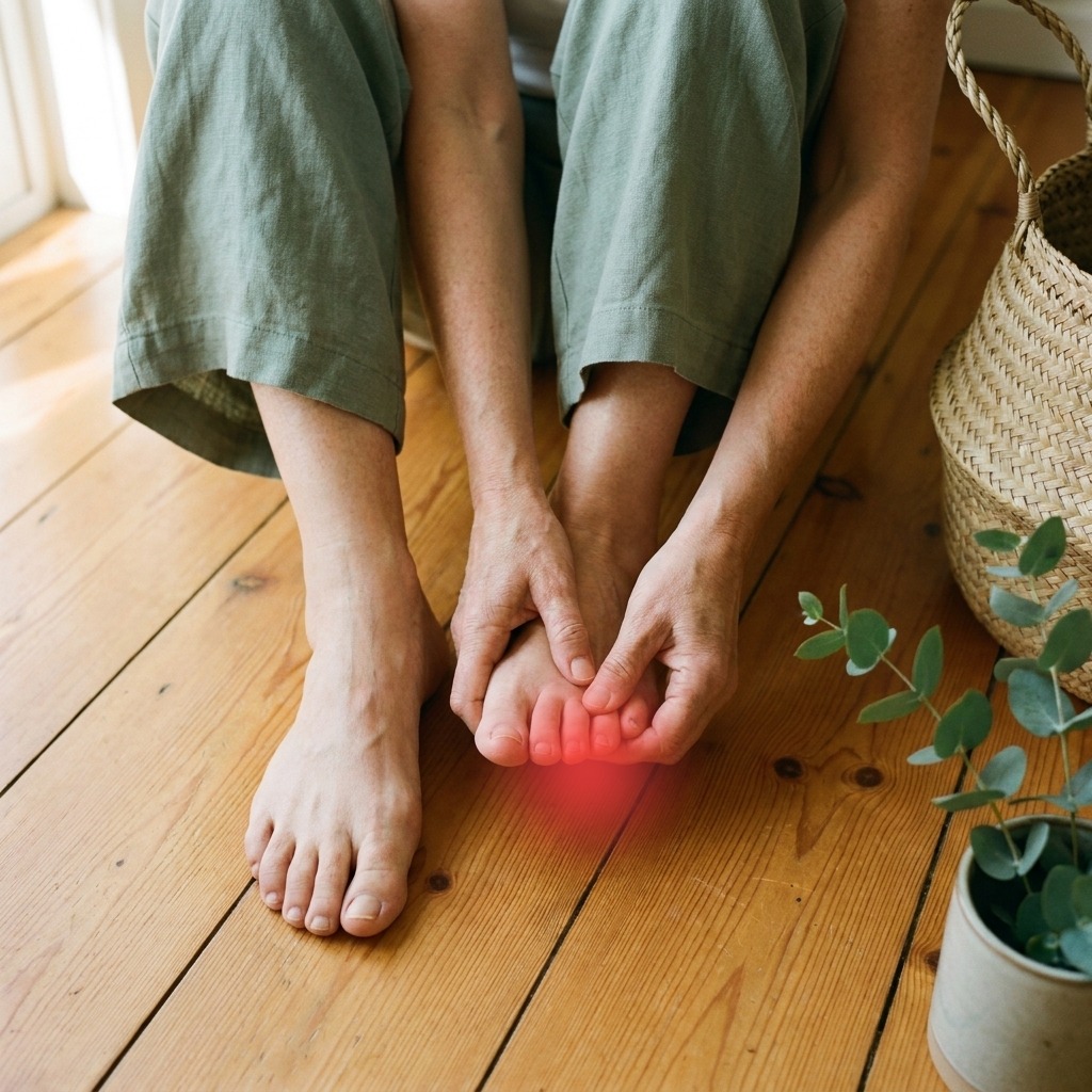 Person sitting on wooden floor cradling foot toes with red glow indicating peripheral neuropathy pain