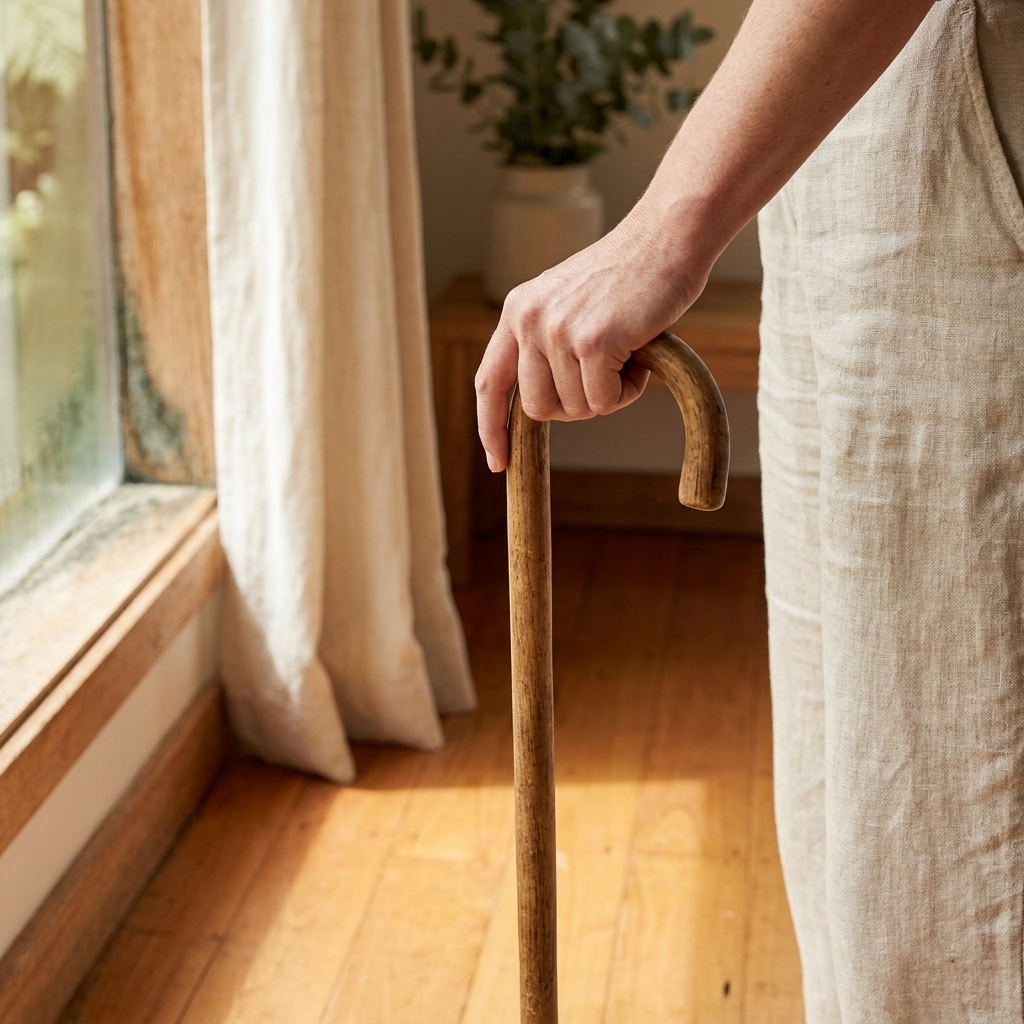 Older person walking with cane in linen trousers near window, illustrating multiple sclerosis