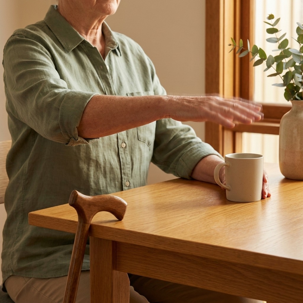 Older person at table with one hand outstretched horizontal showing tremor blur, illustrating Parkinson's disease