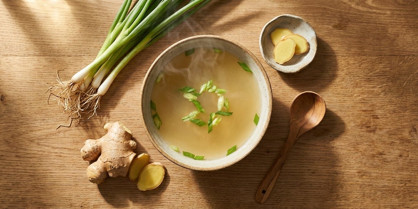 Top-down flat-lay of steaming ginger and scallion soup in a ceramic bowl with fresh scallion bundle and sliced ginger root on a warm oak surface