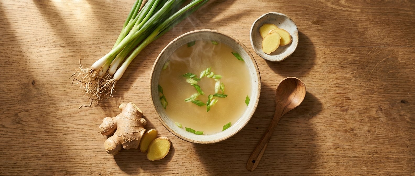 Top-down flat-lay of steaming ginger and scallion soup in a ceramic bowl with fresh scallion bundle and sliced ginger root on a warm oak surface