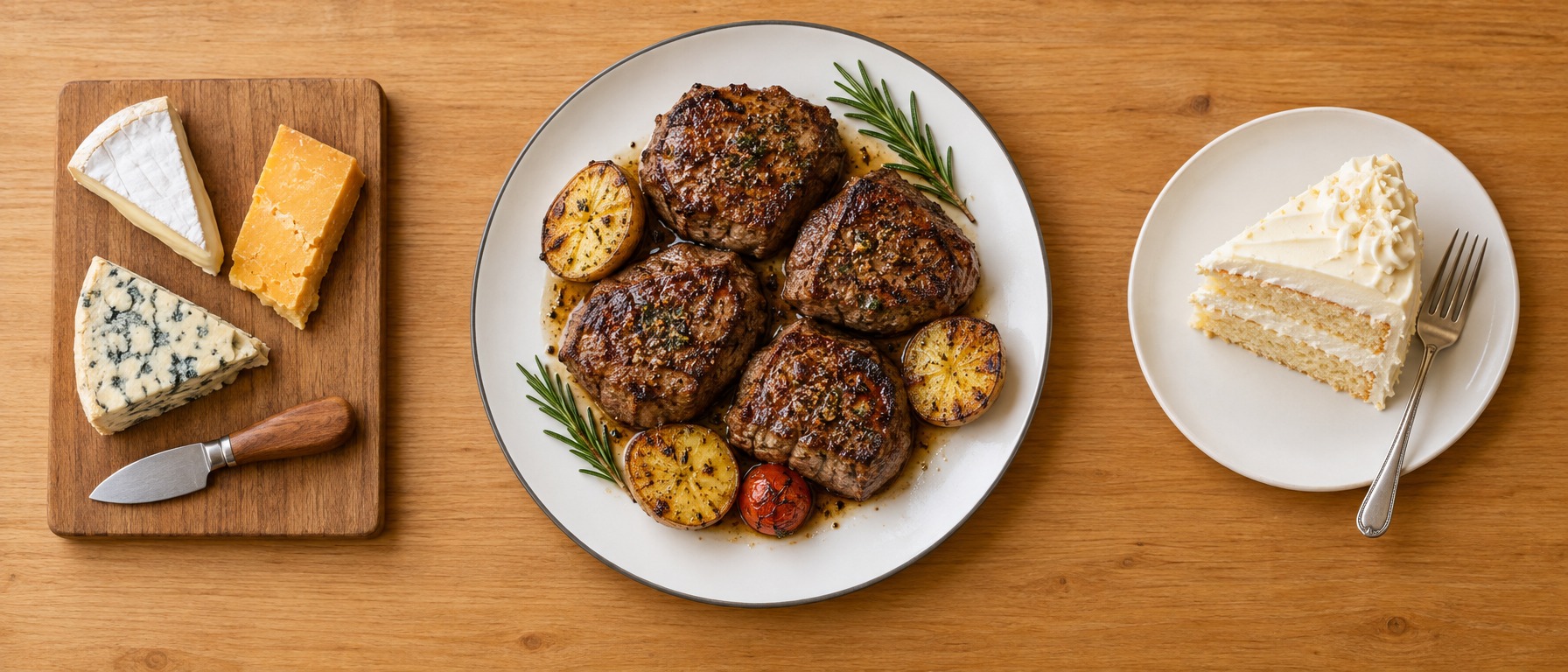 Top-down view of a plated seared steak with roast potatoes and rosemary, beside a cheese board and a slice of cake on a timber table