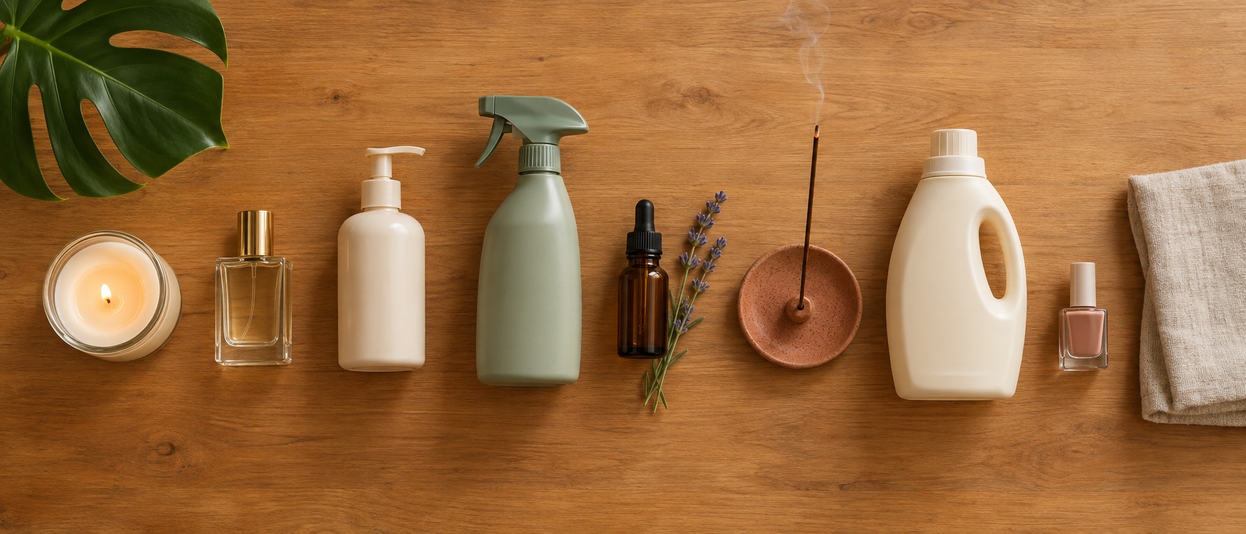 Top-down table spread of a candle, perfume, hand soap, cleaning spray, essential oil, incense, laundry liquid and nail polish on a timber table