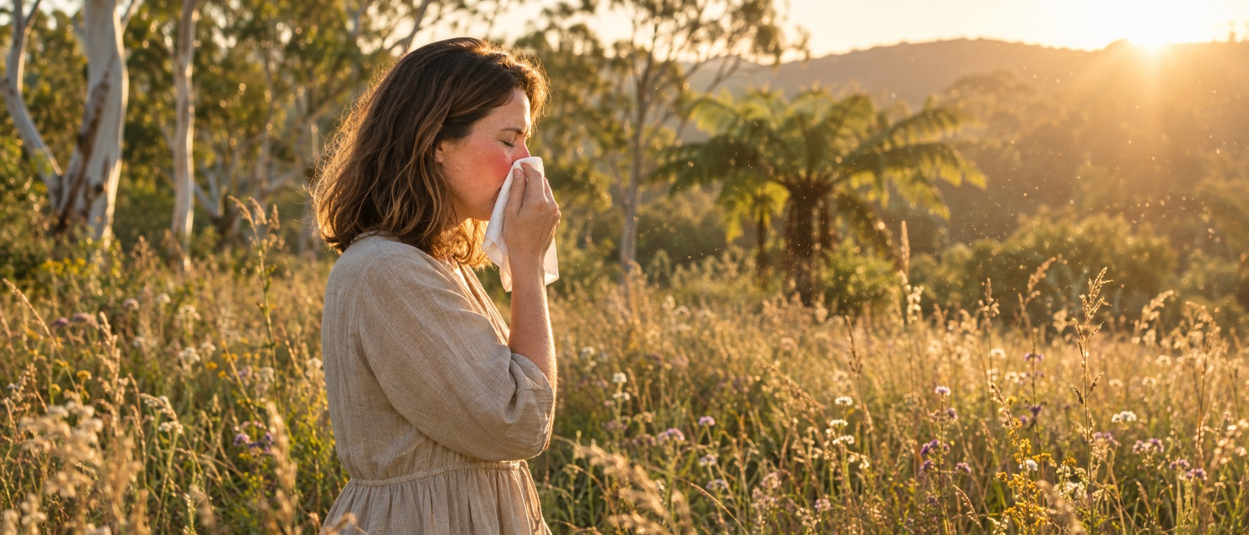 Woman blowing her nose into a handkerchief in a golden-hour Australian meadow, showing hay fever and pollen allergy