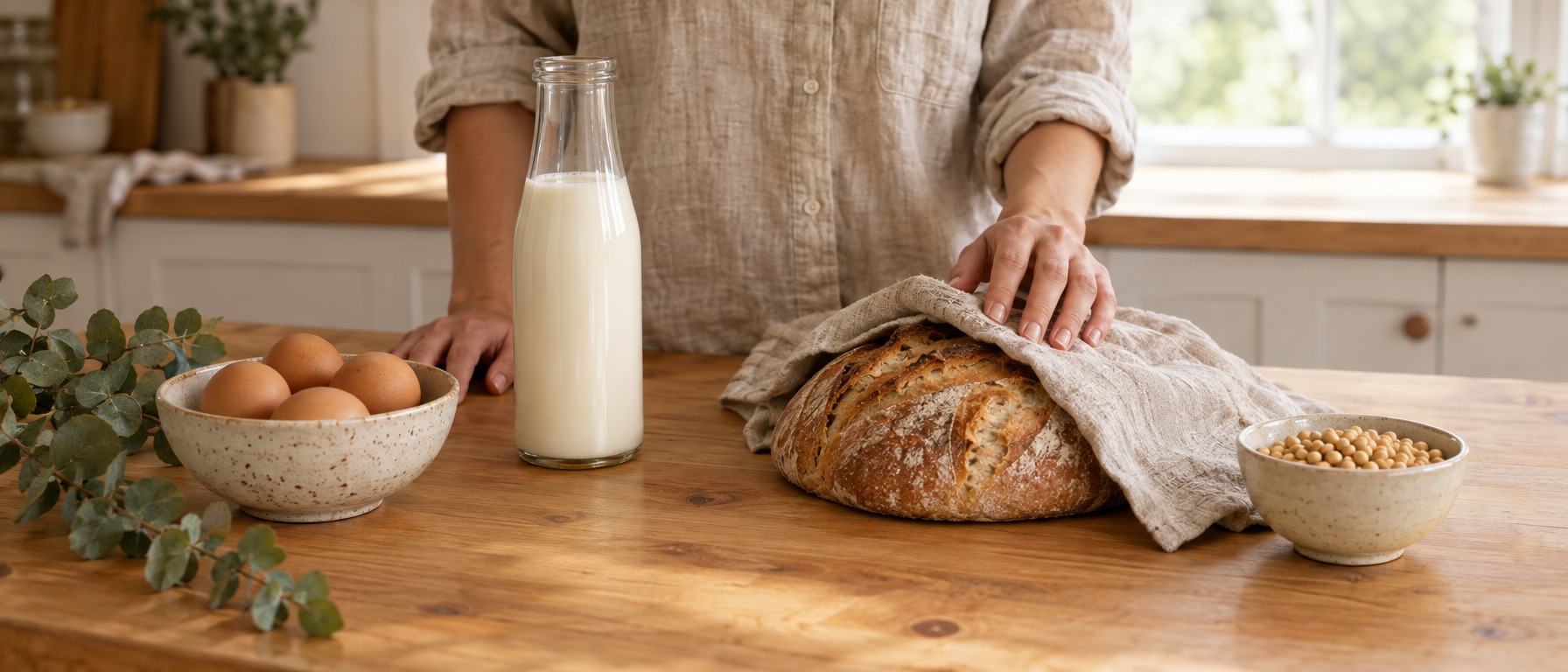 Woman resting her hand hesitantly on a sourdough loaf beside eggs, milk and soy beans on a timber kitchen bench