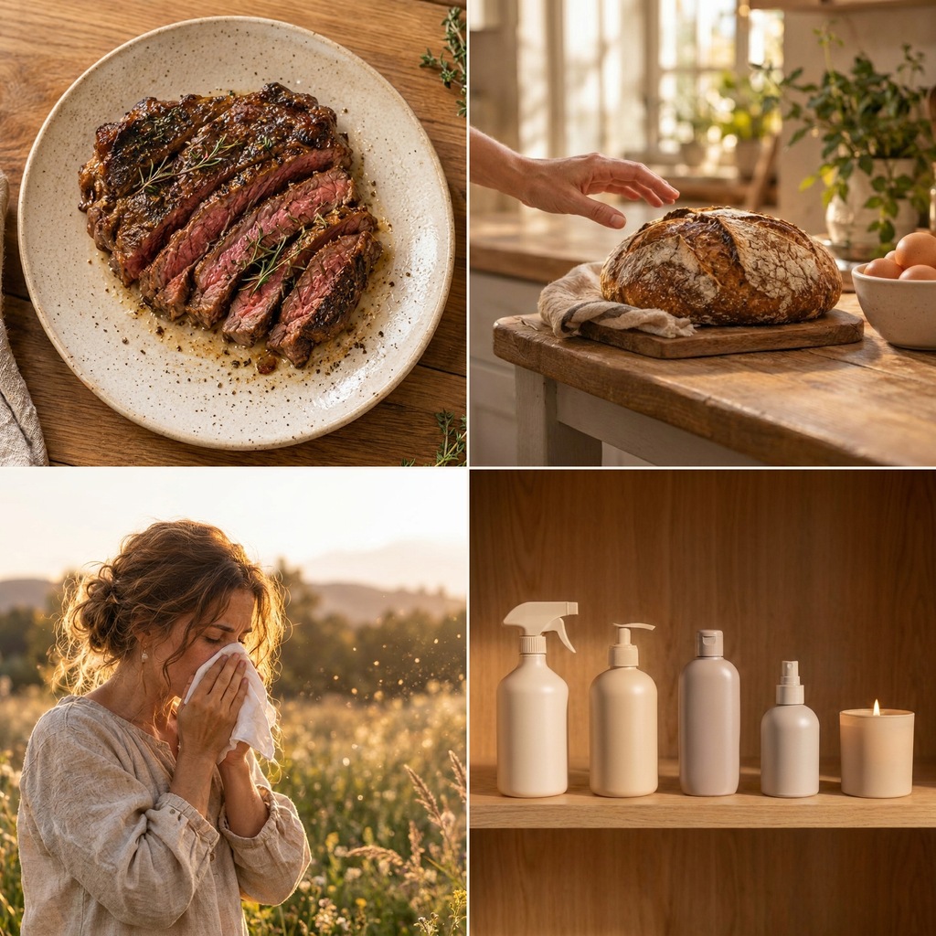 Four square photos: sliced steak, sourdough bread with eggs, a woman sneezing in a sunlit meadow, and neutral household bottles with a candle on a wooden shelf