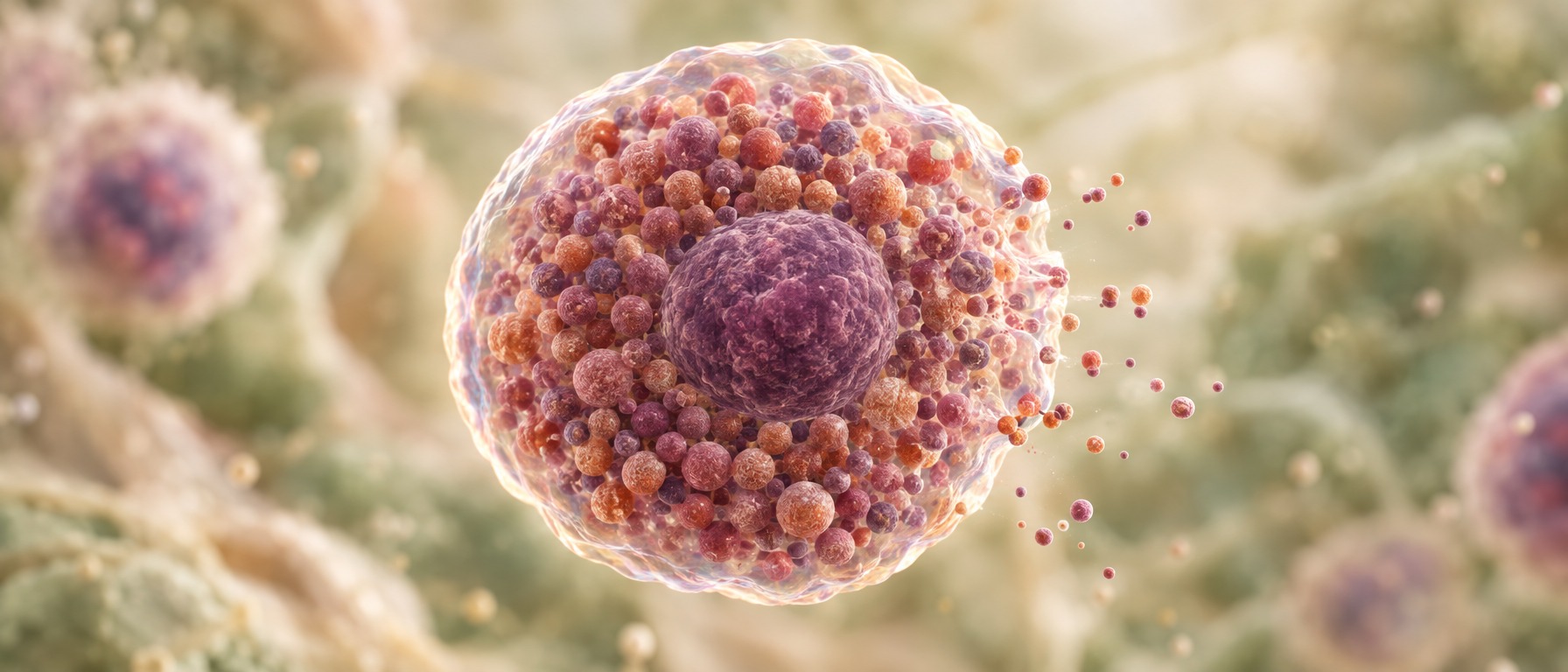 Close-up illustration of a mast cell with granules releasing particles, in soft warm tones